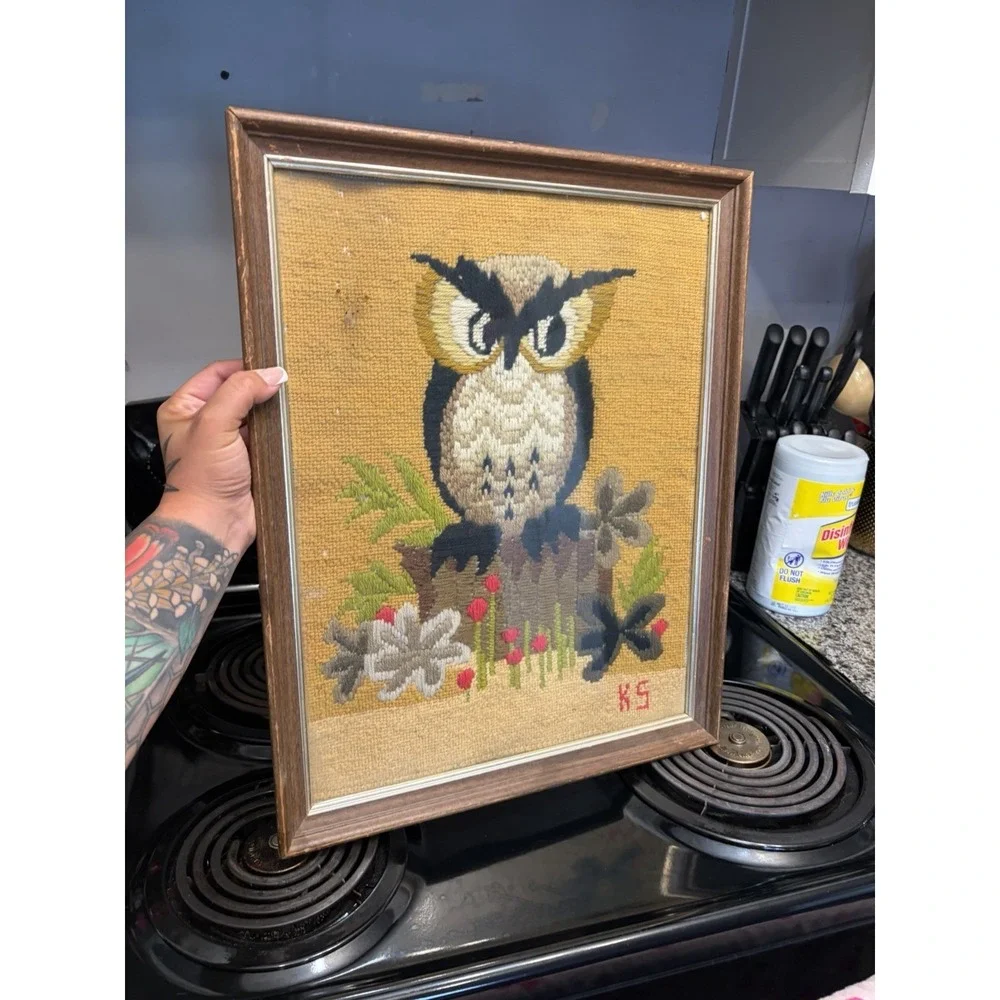 Vintage Framed Needlepoint Needlepoint Owl Wall Hanging Framed Art Retro 16x20